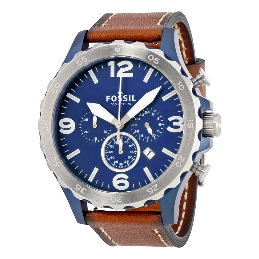 Fossil Nate chronograph watch with navy blue dial, silver-tone case, and brown leather strap
