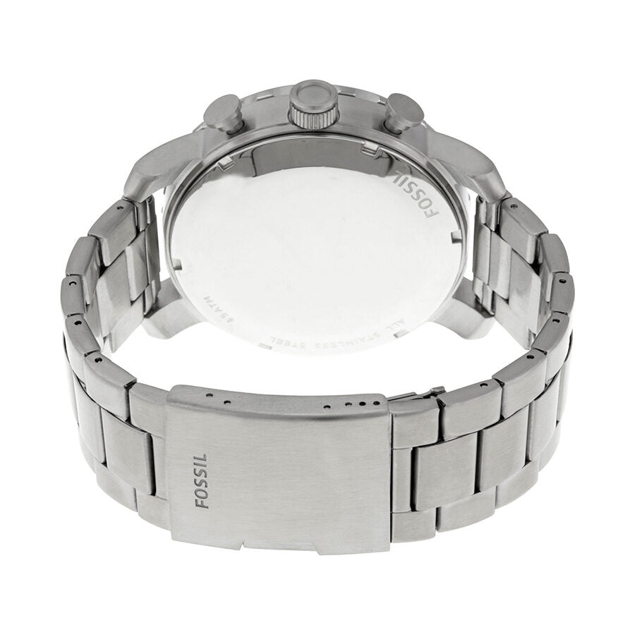 Fossil Nate chronograph caseback showing stainless steel bracelet and clasp detail
