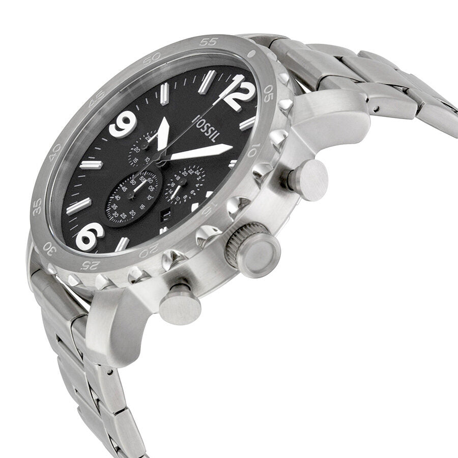 Side angle view of Fossil Nate chronograph showing case profile and chronograph pushers
