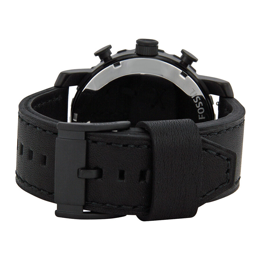 Caseback view of Fossil Nate chronograph watch with black leather strap visible