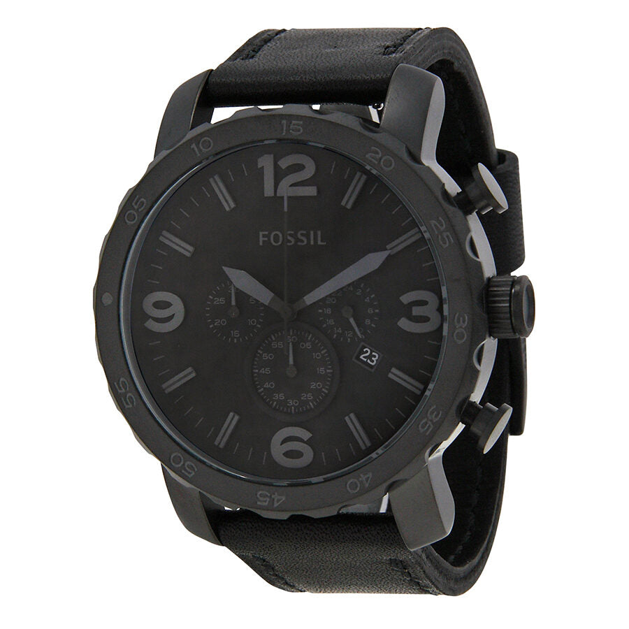 Fossil Nate chronograph black dial black ion-plated men's watch with black leather strap