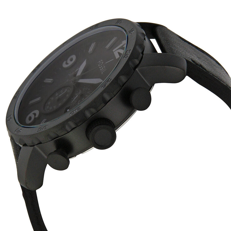 Side view of Fossil Nate chronograph watch showing black ion-plated case and chronograph pushers