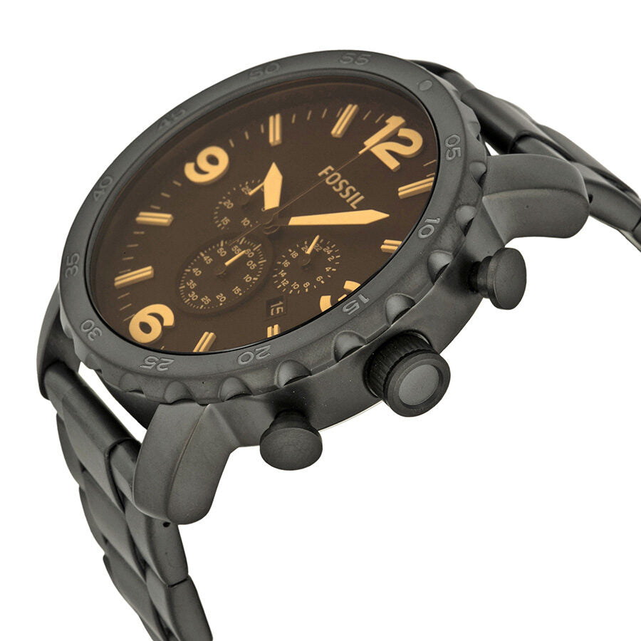 Fossil Nate chronograph watch at angle showing case, dial, and chronograph pushers