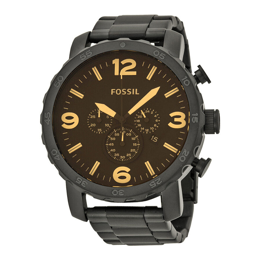 Fossil Nate chronograph black ion-plated men's watch with brown dial and gold accents
