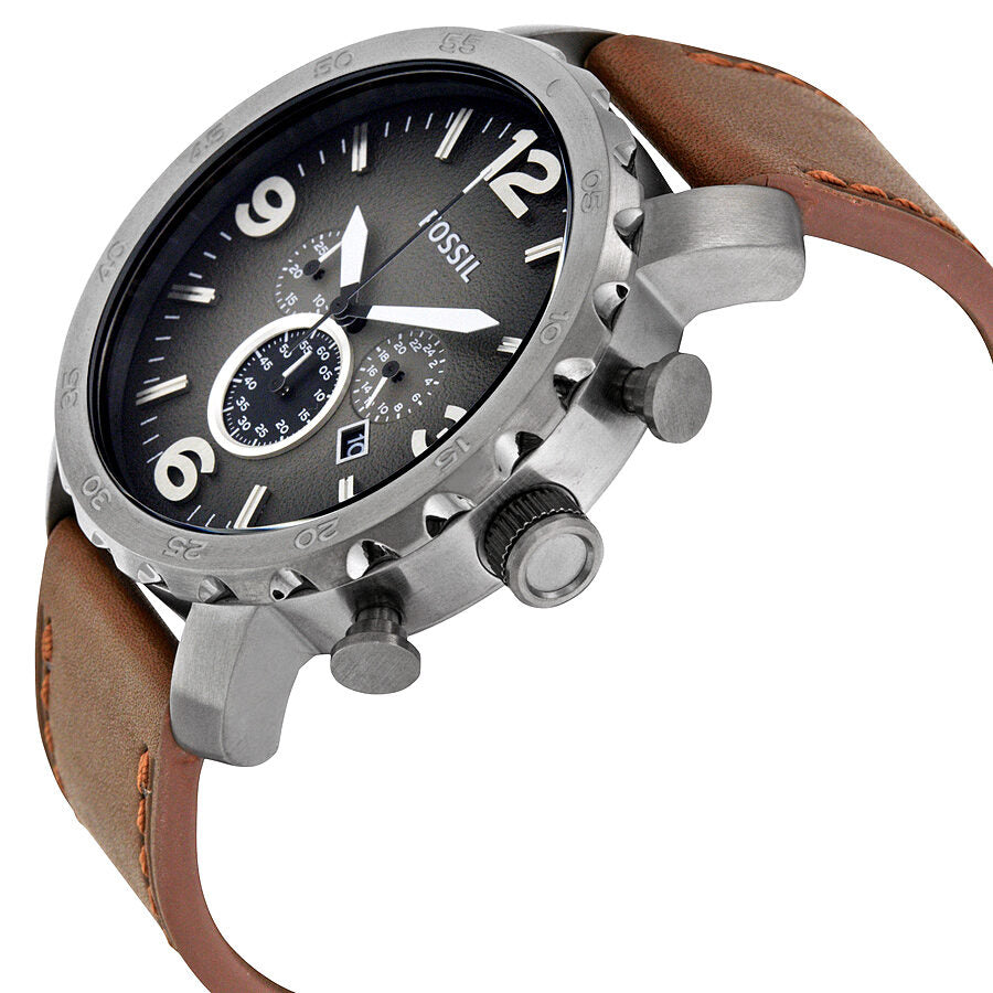 Fossil Nate chronograph side profile showing silver-tone case and chronograph pushers