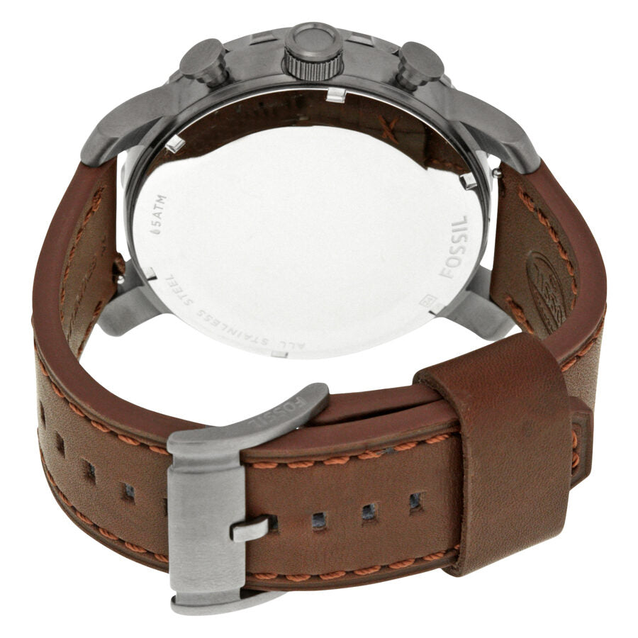 Fossil Nate caseback view with brown leather strap visible