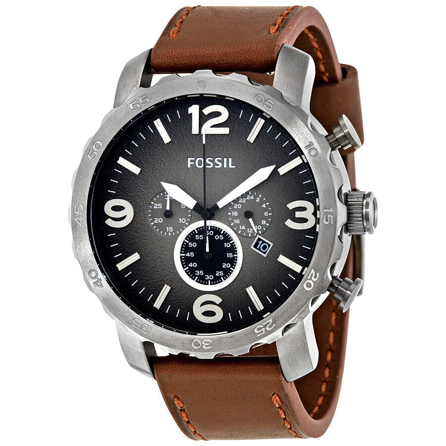 Fossil Nate chronograph watch with grey dial and brown leather strap