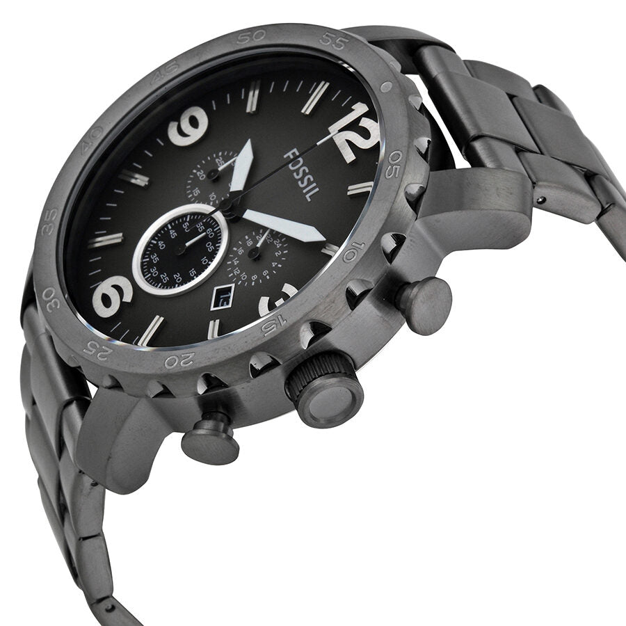 Fossil Nate chronograph side view showing ion-plated case, chronograph subdials, and stainless steel bracelet
