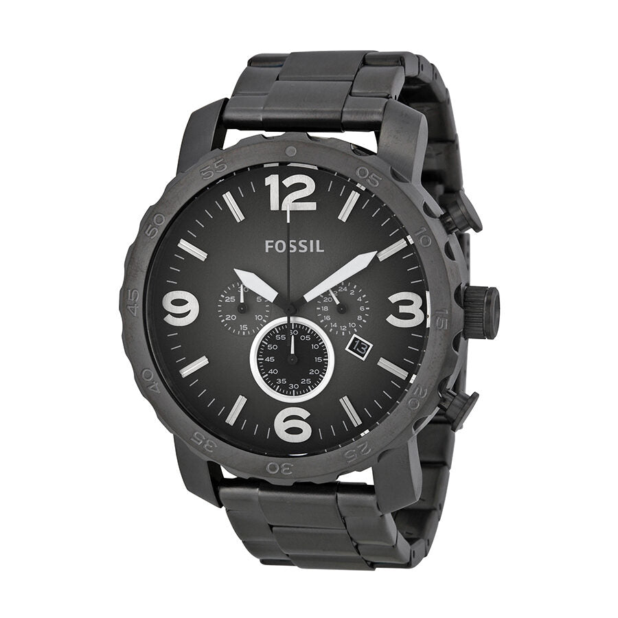 Fossil Nate chronograph watch with smoke grey dial, Arabic numerals, and ion-plated case