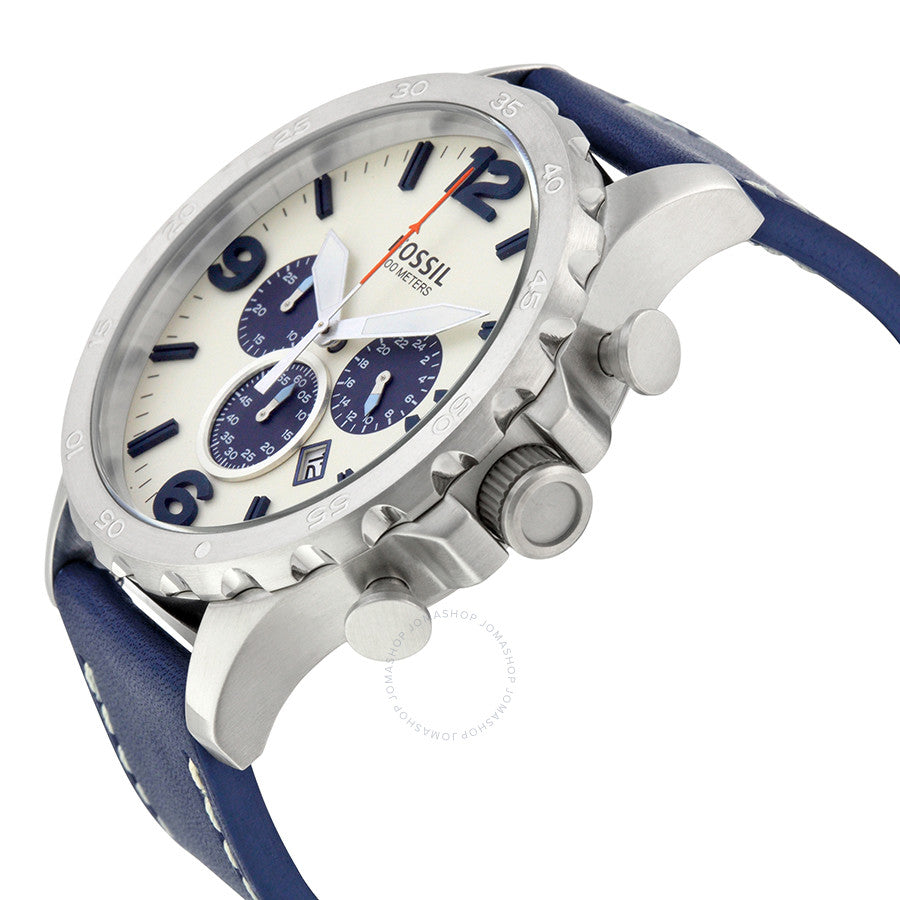 Fossil Nate chronograph angled view showing stainless steel case and navy leather strap