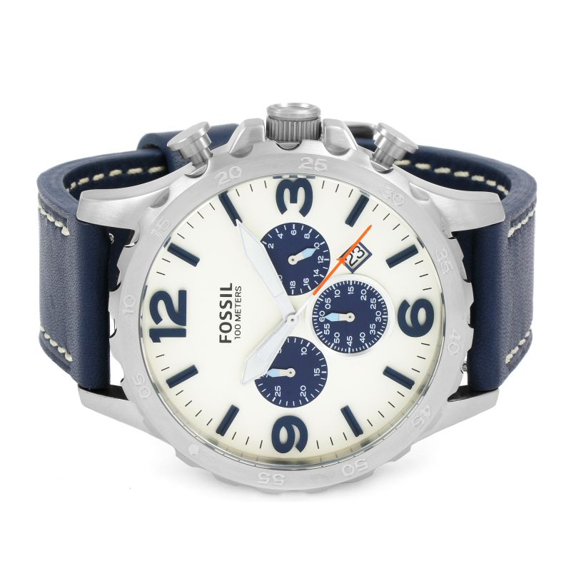 Fossil Nate chronograph top view displaying full beige dial with three blue subdials