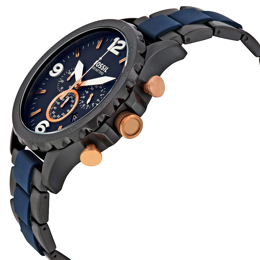 Side angle view of Fossil Nate chronograph with blue dial, rose gold chronograph pushers, and dual-tone strap