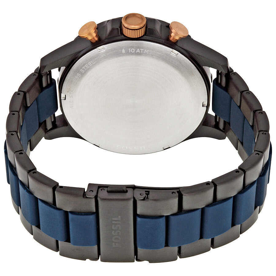 Caseback view of Fossil Nate showing stainless steel case, dual-tone strap, and 10 ATM water resistance marking