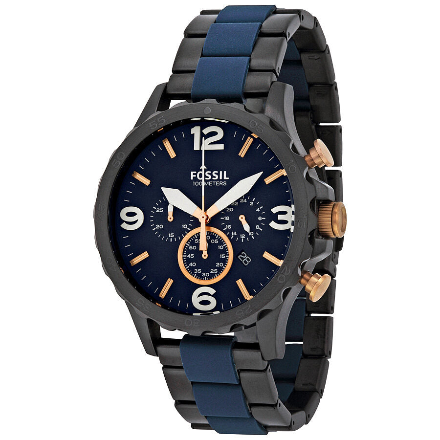 Fossil Nate chronograph men's watch with blue dial, black case, and blue-black two-tone strap