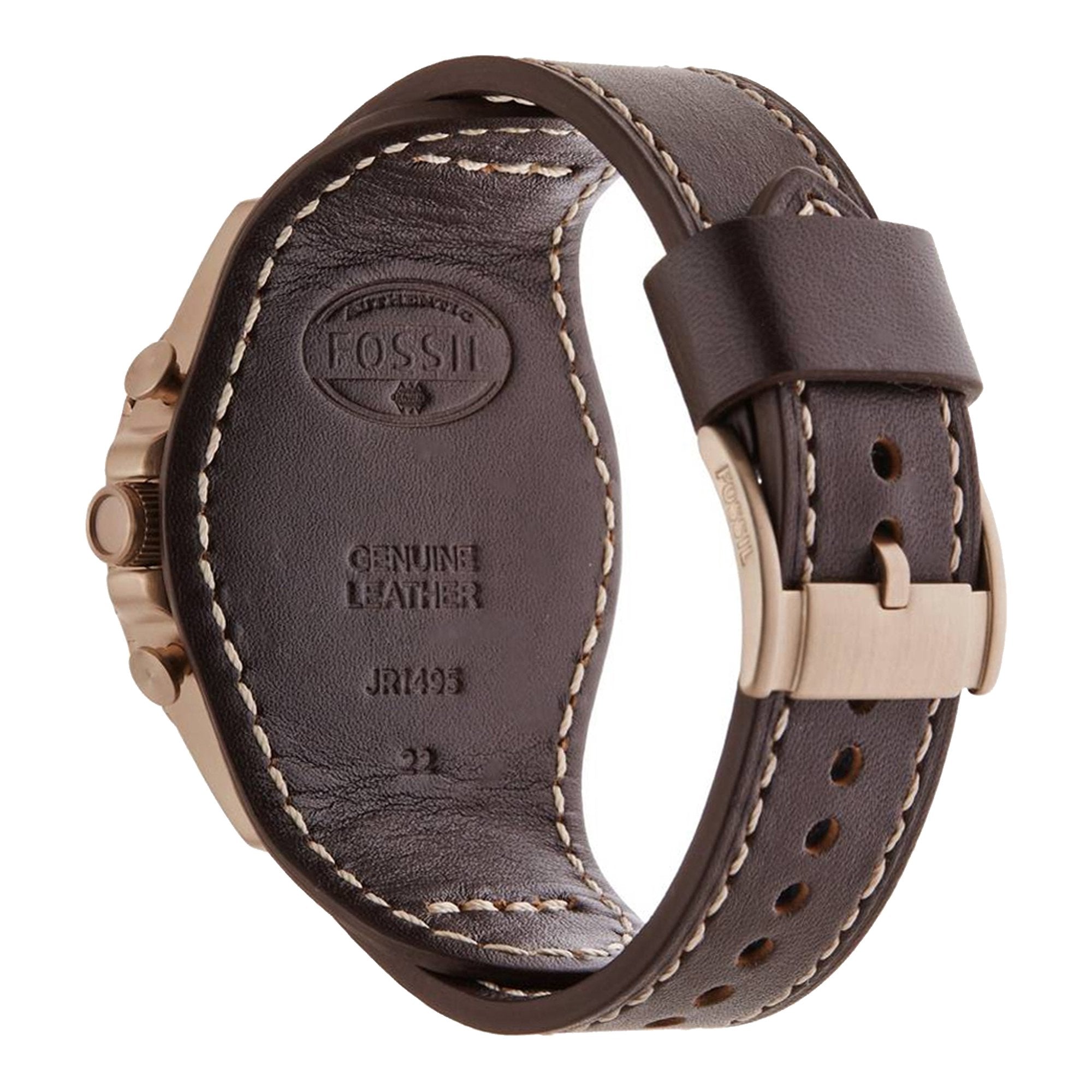 Brown leather strap with Fossil branding and genuine leather marking, model JR1495