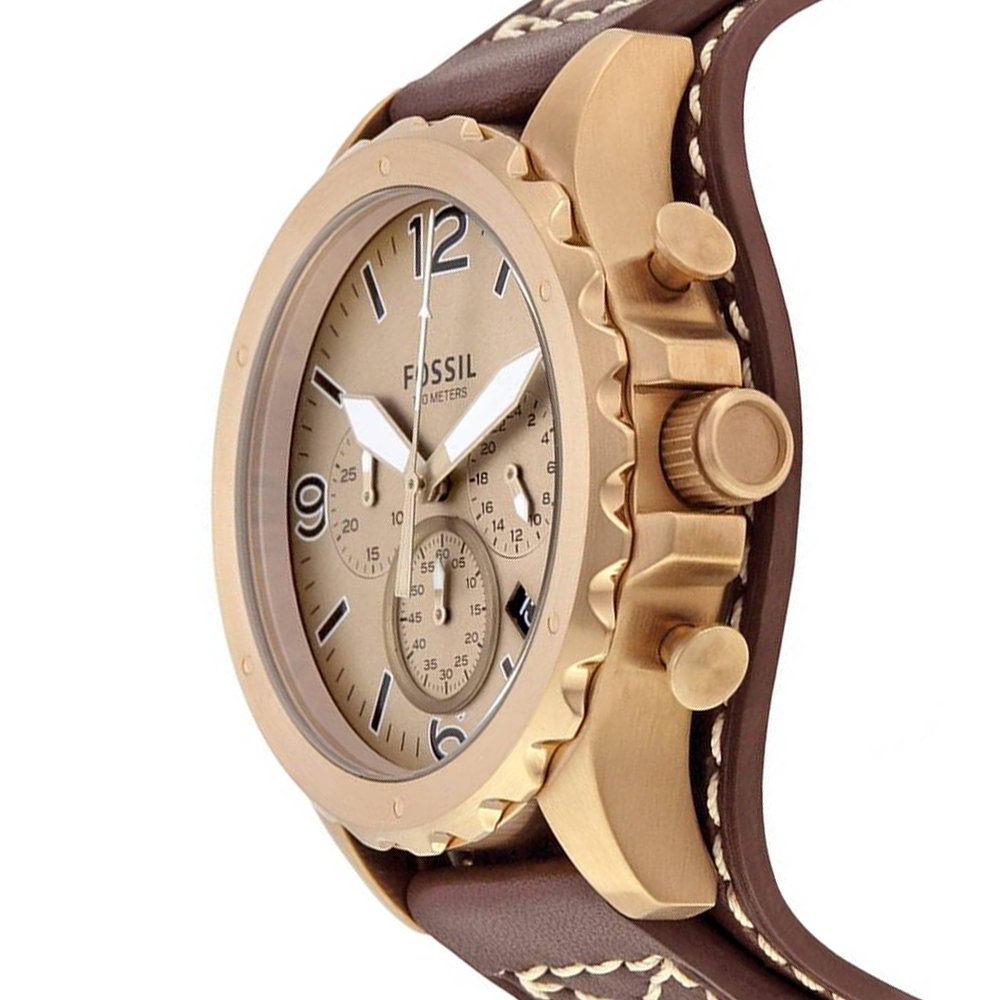 Side angle view showing gold-tone case, chronograph pushers, and brown leather strap