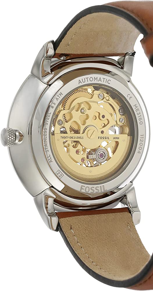 Fossil Neutra Auto caseback showing automatic movement, skeleton display, and Fossil branding