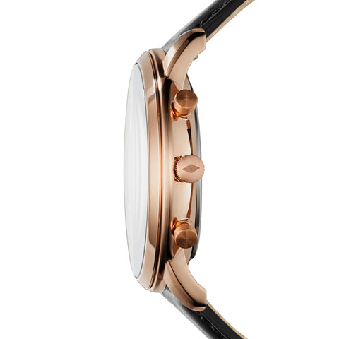 Side profile of Fossil Neutra watch showing rose gold case thickness and black leather strap