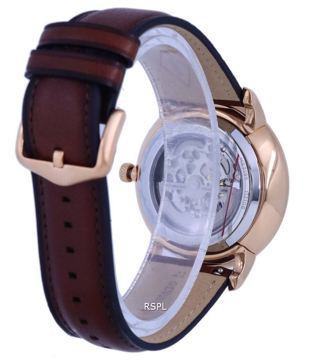 Caseback of Fossil Neutra watch displaying skeleton movement and brown leather strap