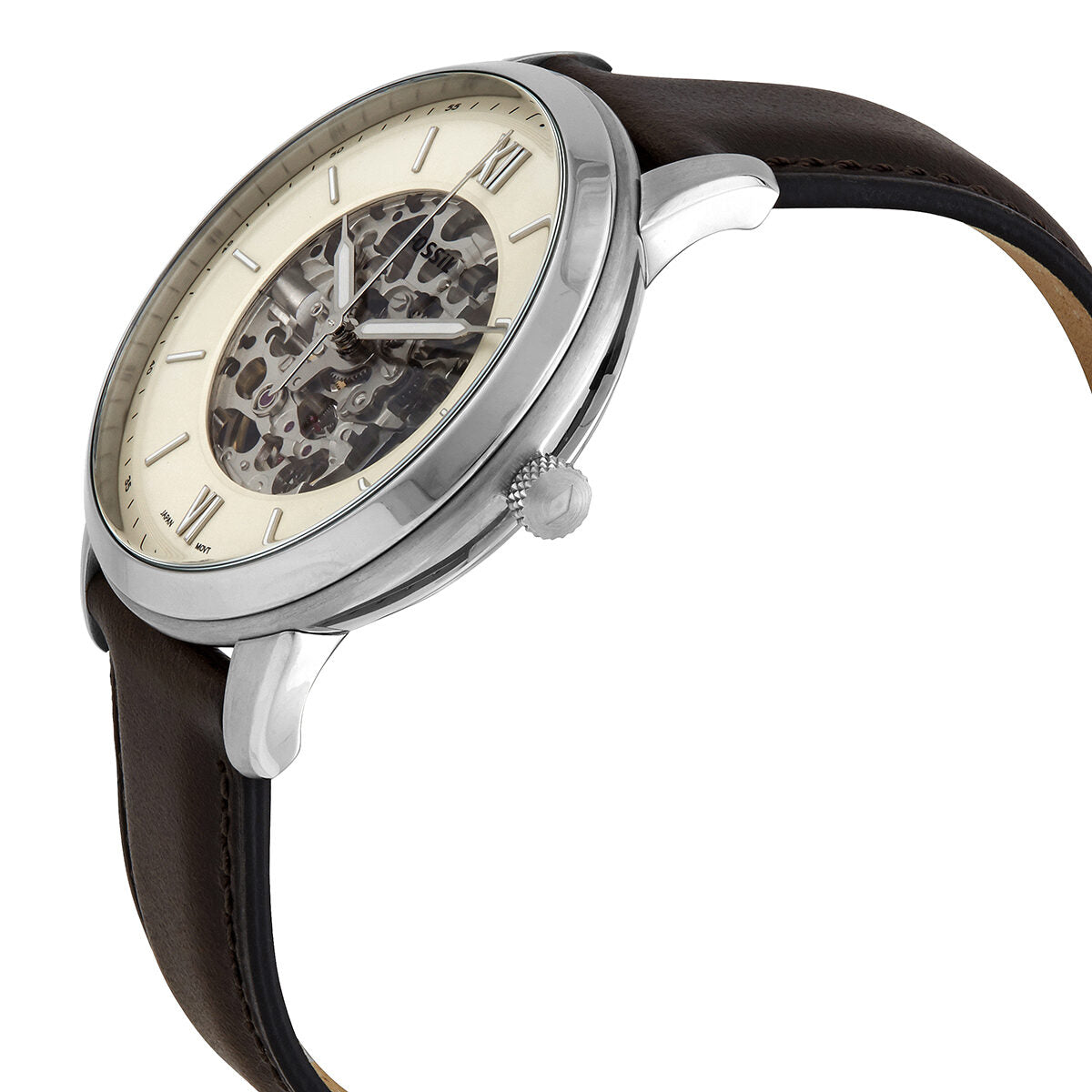 Fossil Neutra watch from side angle showing cream dial and skeleton movement with brown leather strap
