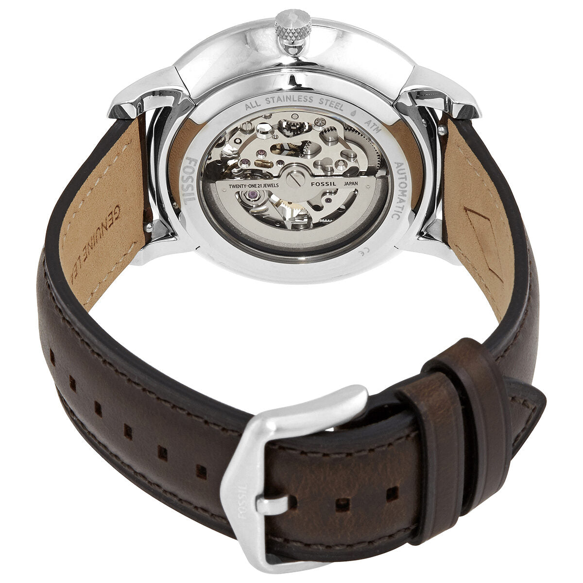 Fossil Neutra watch caseback showing skeleton automatic movement and transparent exhibition case back