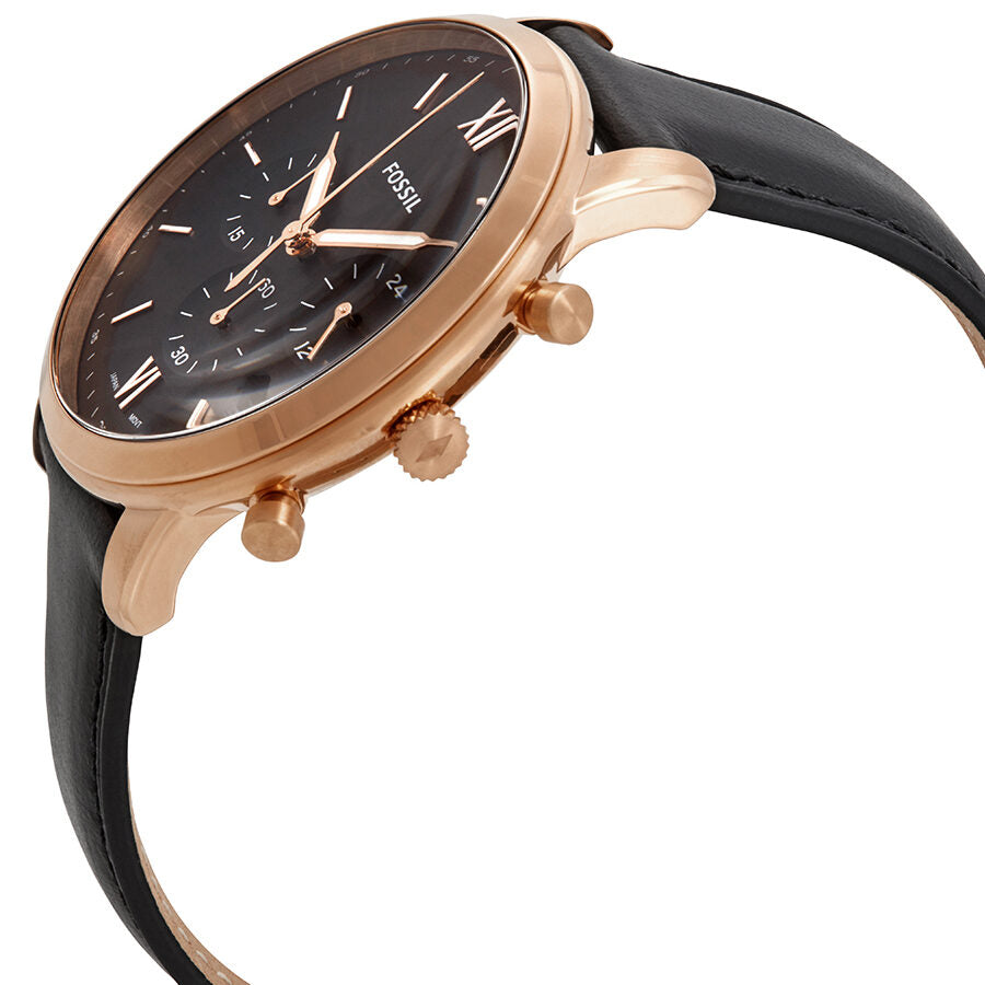 Fossil Neutra FS5381 side view showing rose gold case and black leather strap