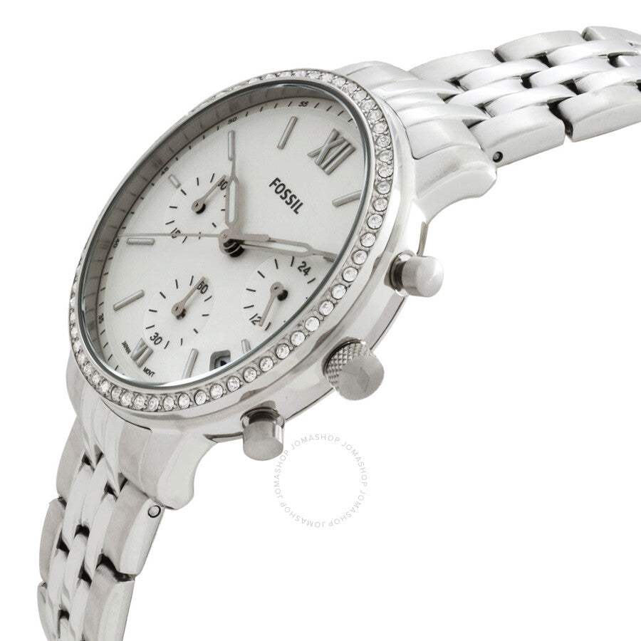 Fossil Neutra chronograph watch angled view showing crystal bezel and silver-tone bracelet