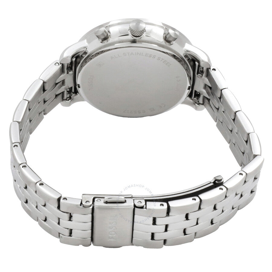 Fossil Neutra chronograph watch caseback showing stainless steel case and bracelet