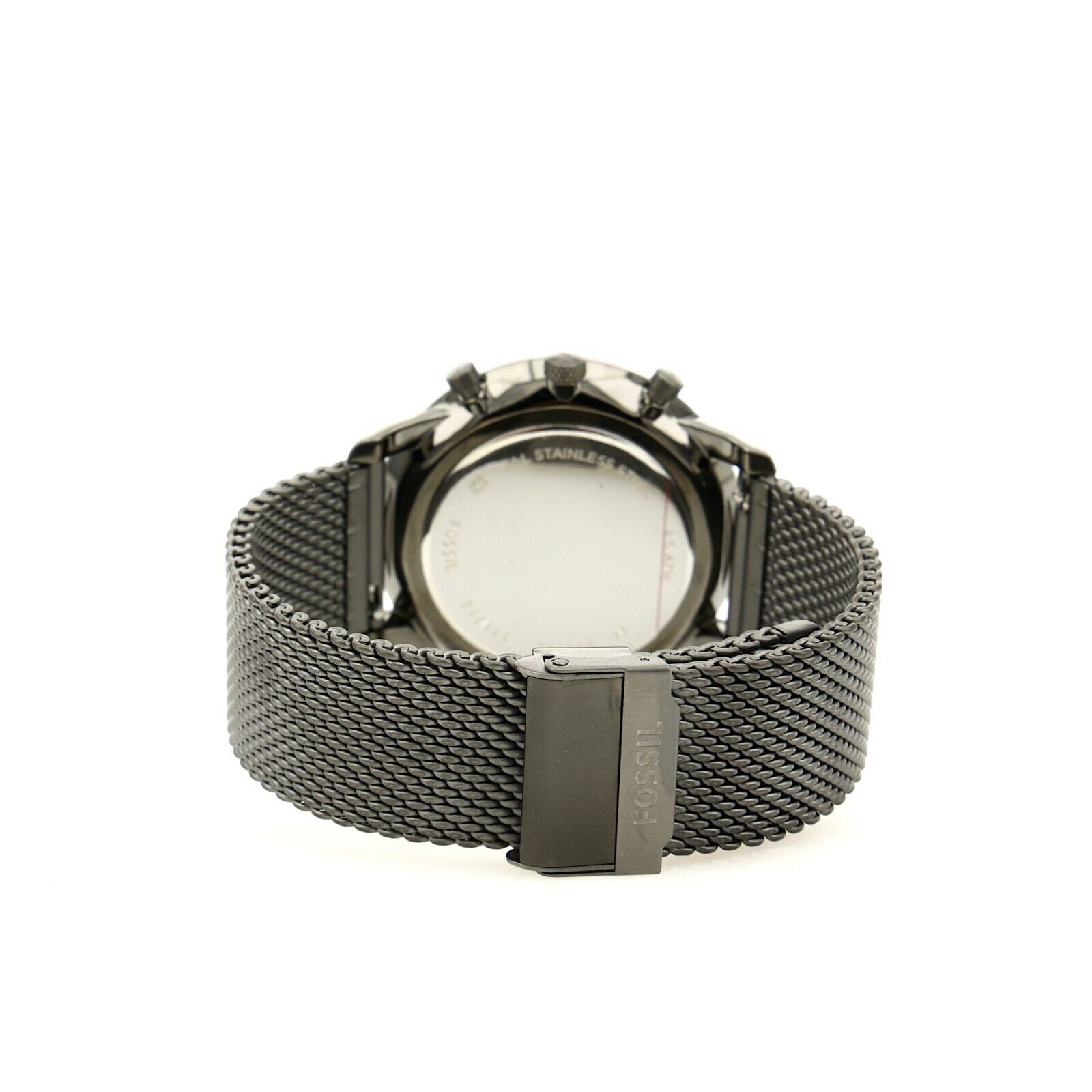 Caseback view of Fossil Neutra Chronograph with mesh bracelet and stainless steel case