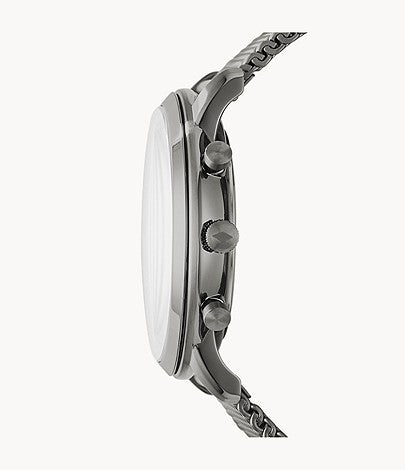Side profile of Fossil Neutra Chronograph showing smoke stainless steel case thickness and mesh band