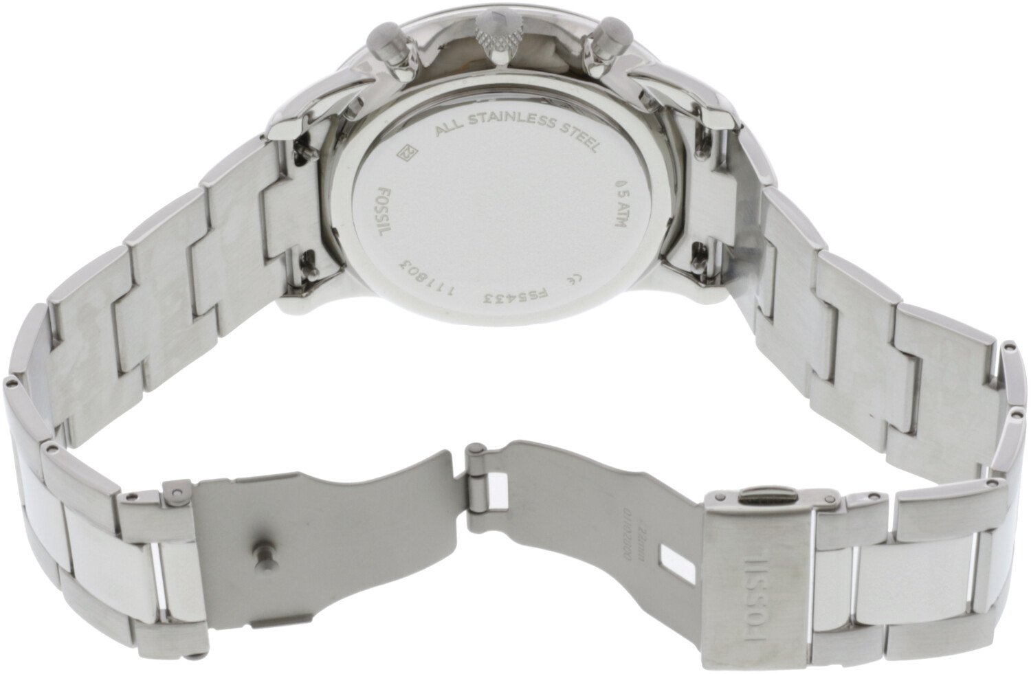 Fossil Neutra watch caseback showing stainless steel with engraved text and folding clasp