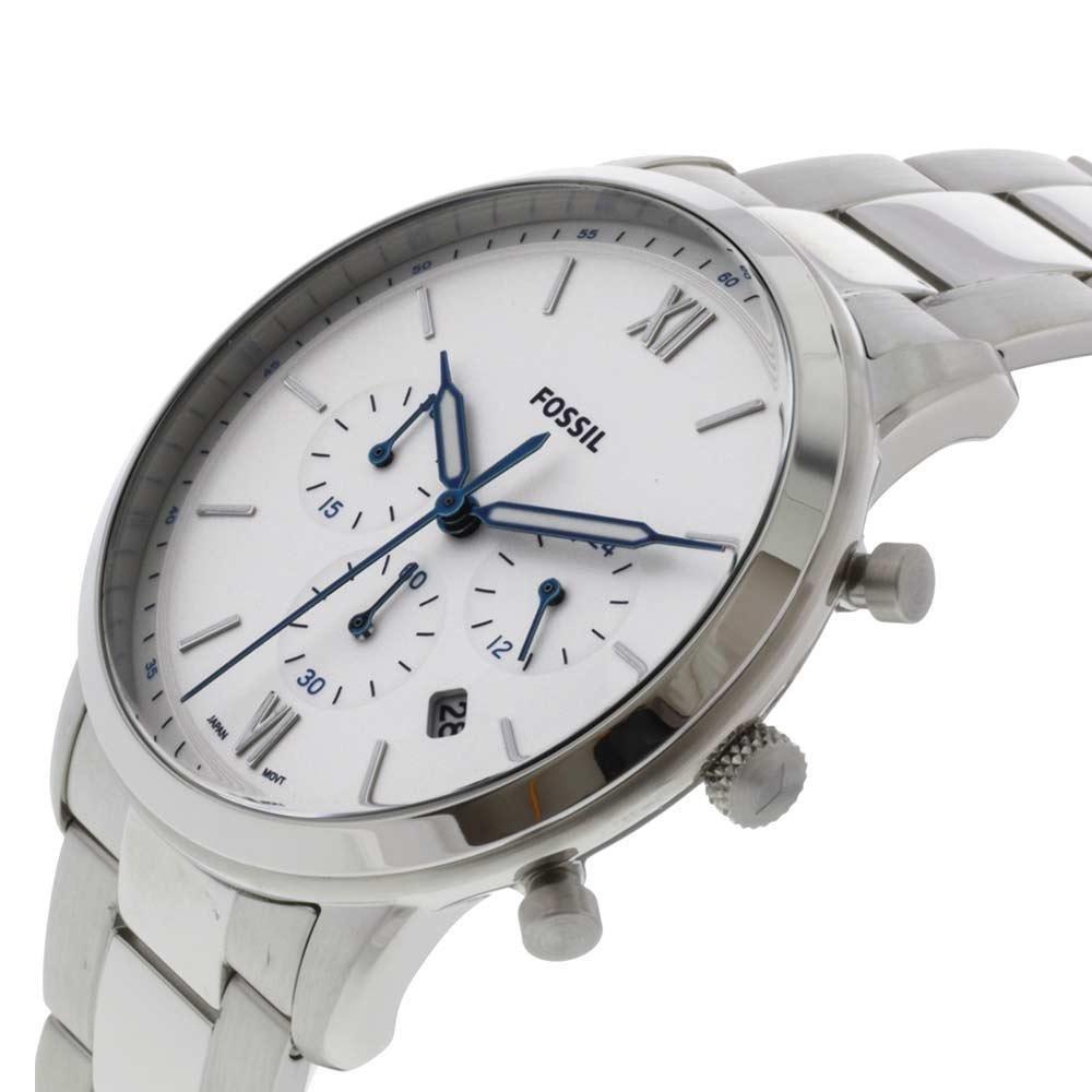 Fossil Neutra watch at angle showing chronograph pushers, white dial, and stainless steel bracelet
