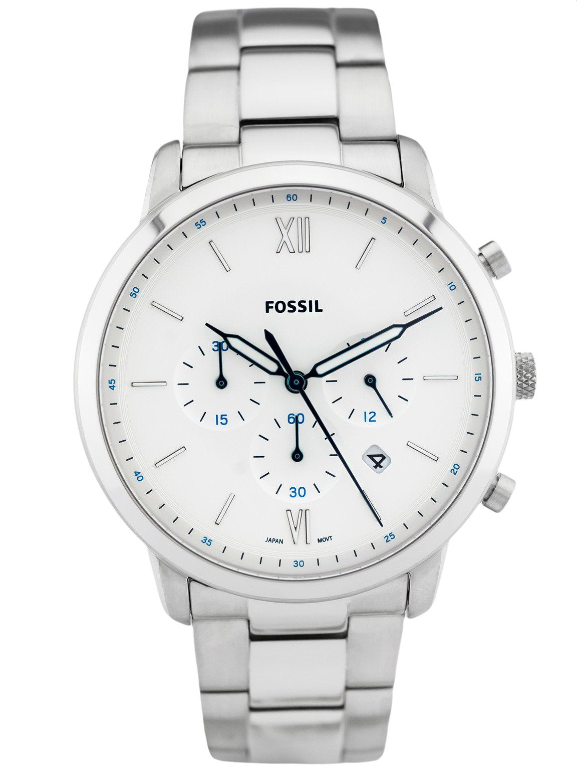 Fossil Neutra chronograph watch with white dial, Roman numerals, stainless steel case and band
