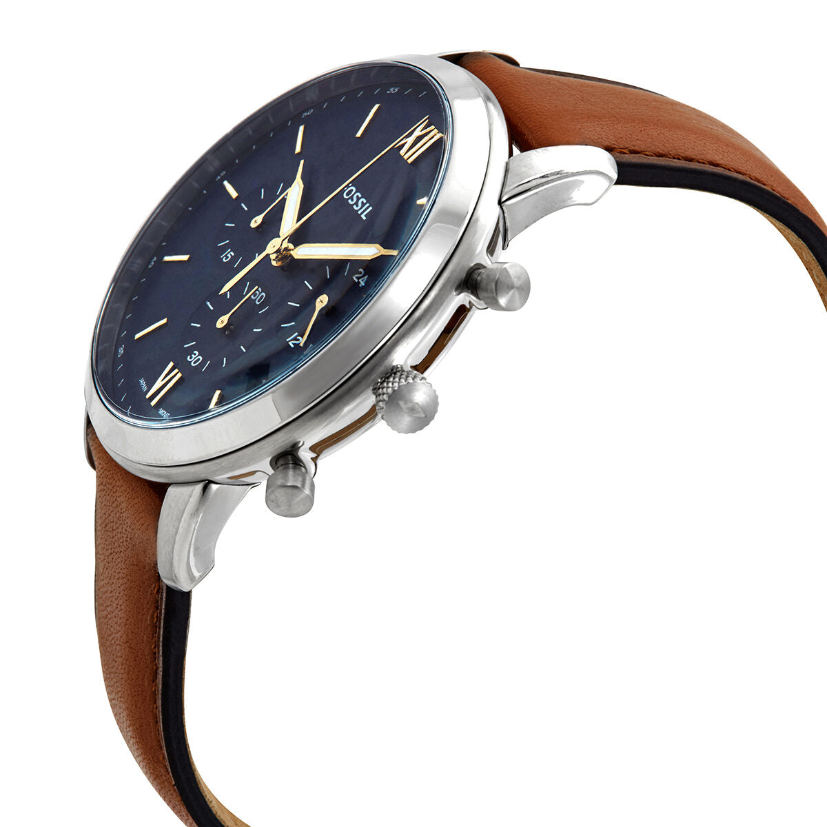 Side angle view of Fossil Neutra chronograph showing blue dial, chronograph pushers, and brown leather strap