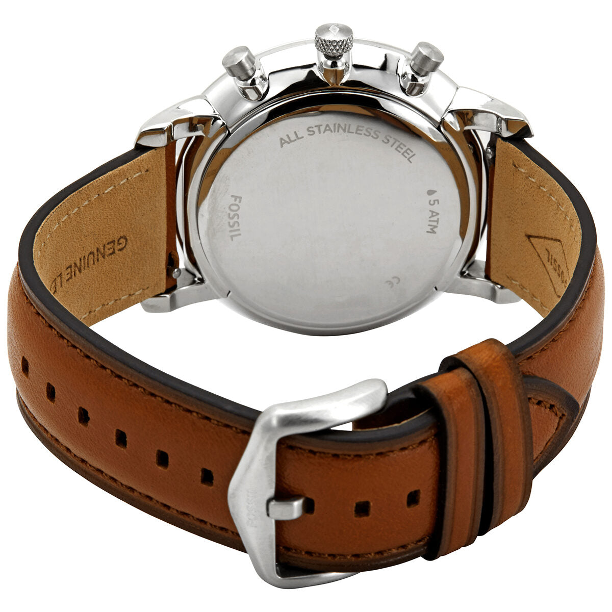 Caseback of Fossil Neutra chronograph with stainless steel case and brown leather strap