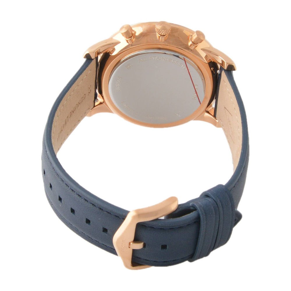 Caseback view of Fossil Neutra Chronograph with gold-tone case and navy leather strap