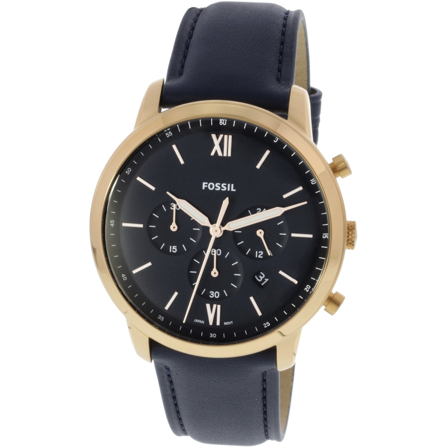 Fossil Neutra Chronograph watch with navy dial, gold-tone case, and navy leather strap