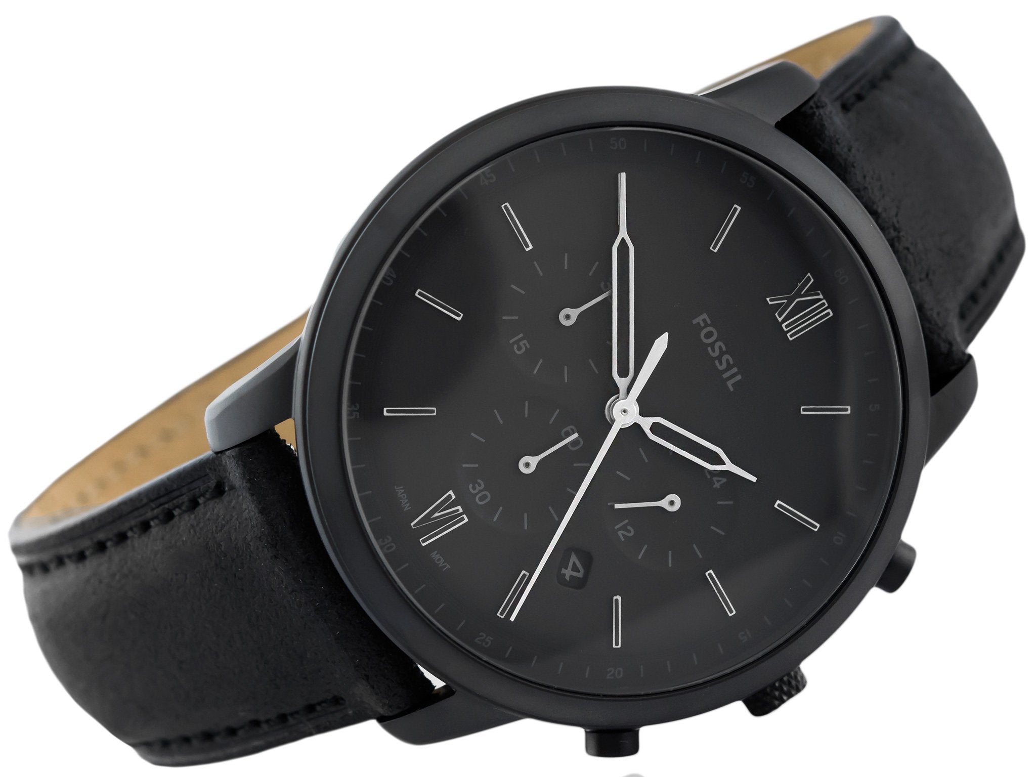 Angled view of Fossil Neutra chronograph with black case, dial, and leather strap