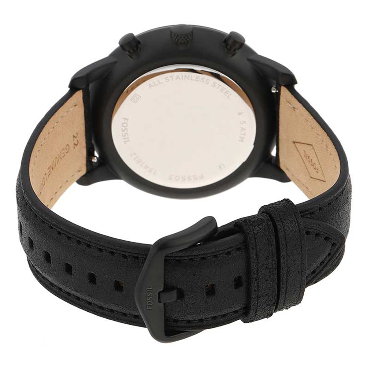 Caseback view of Fossil Neutra chronograph with brown leather strap detail