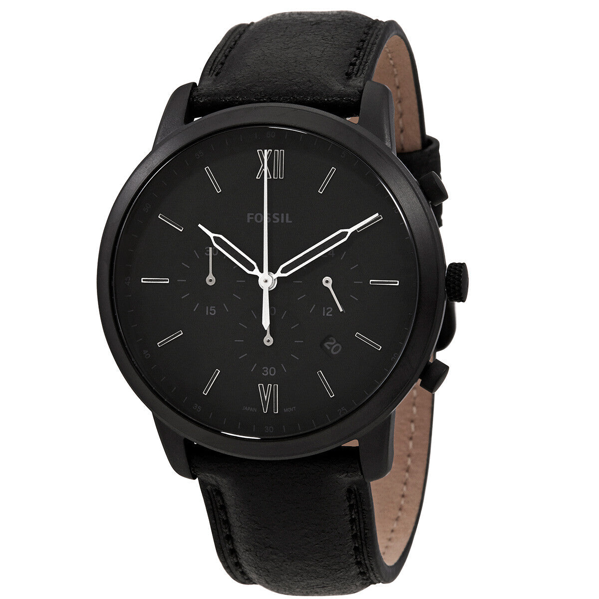 Fossil Neutra chronograph watch with black dial, Roman numerals, and black leather strap