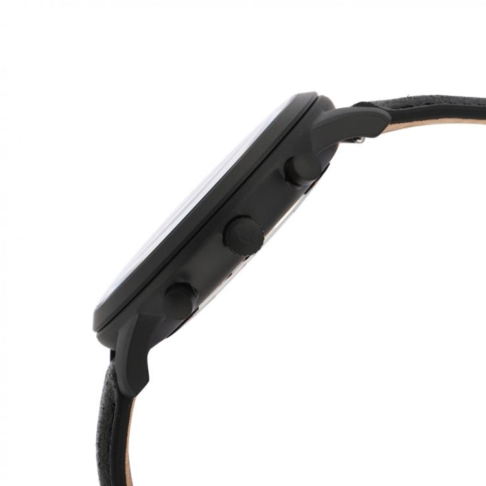 Side profile of Fossil Neutra chronograph showing case depth and black leather strap