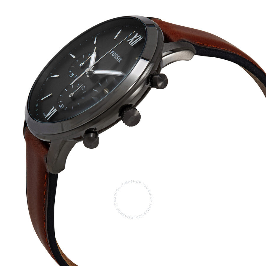 Side angle view of Fossil Neutra chronograph with smoke-tone case and brown leather strap