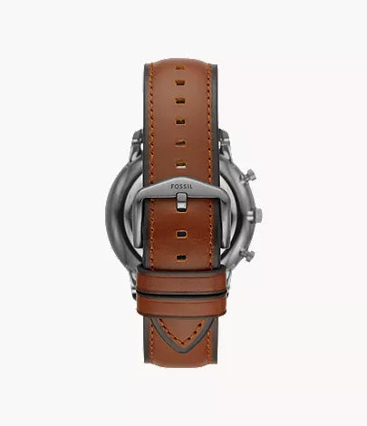 Back of Fossil Neutra chronograph showing smoke-tone case and brown leather strap