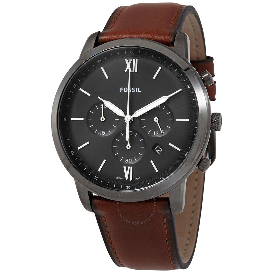 Fossil Neutra chronograph watch with black dial, Roman numerals, and brown leather strap