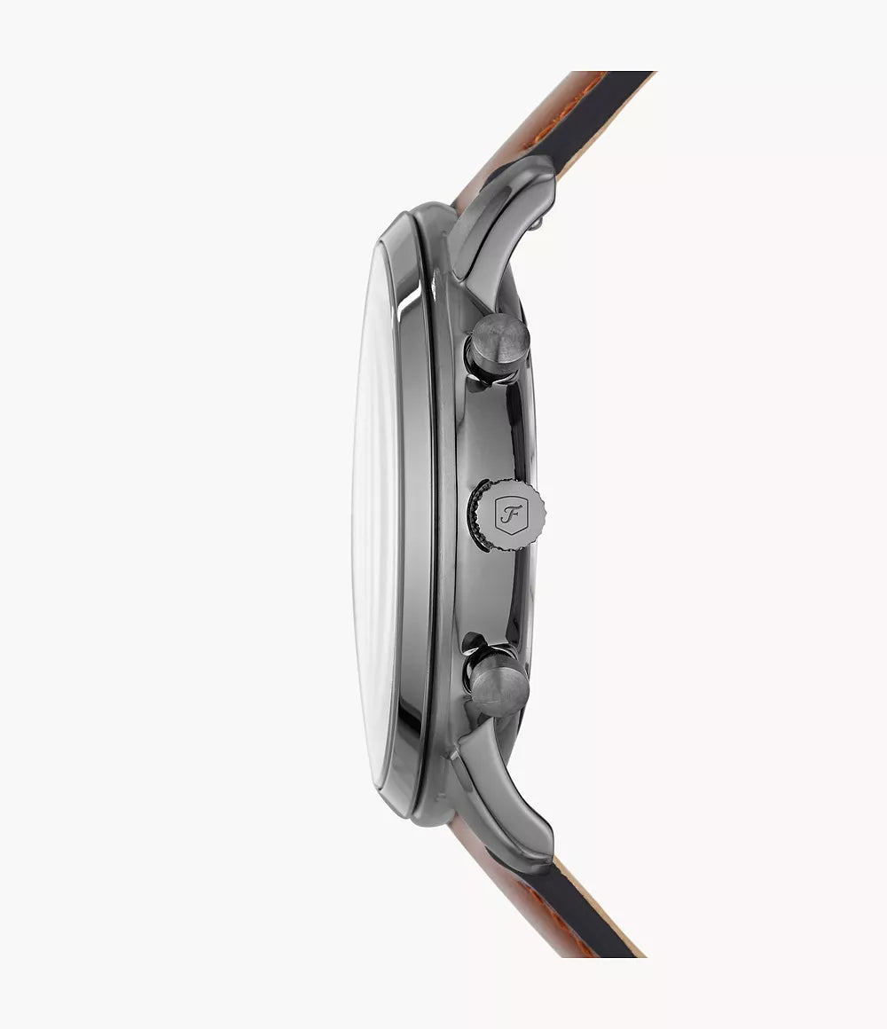 Side profile of Fossil Neutra chronograph showing case thickness and brown leather strap