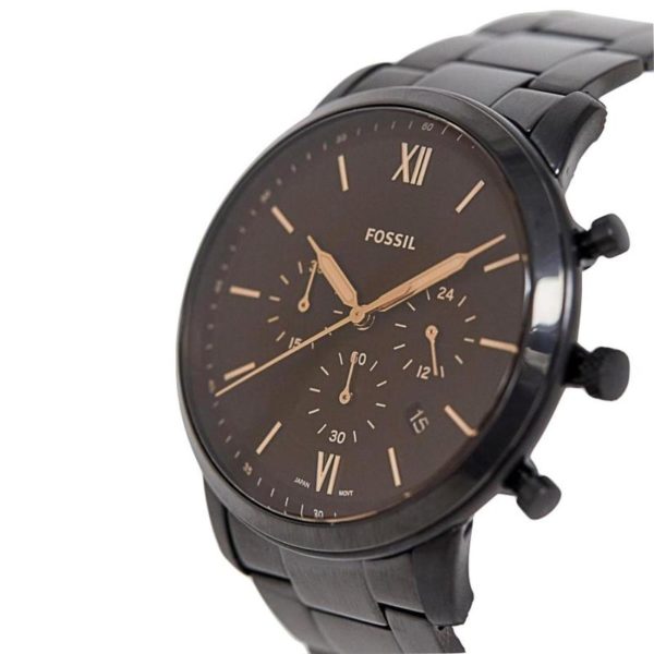 Angled view of Fossil Neutra chronograph with dark brown dial and black stainless steel bracelet