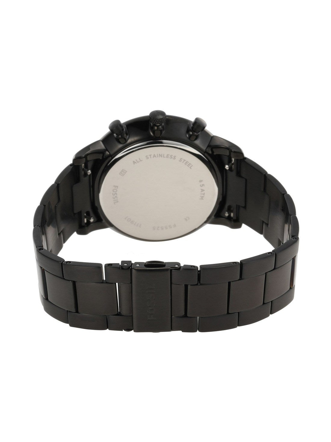 Fossil Neutra watch caseback showing stainless steel back with engraved text and black bracelet