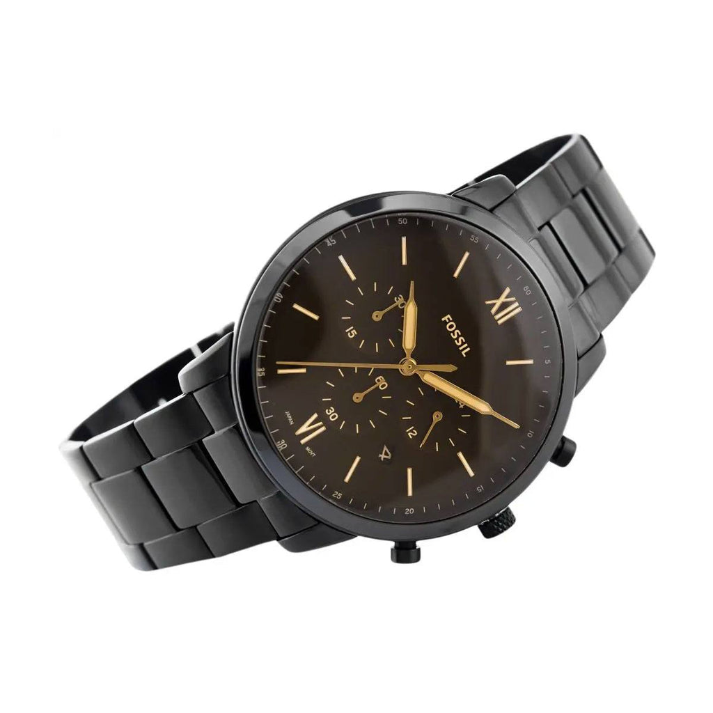 Side view of Fossil Neutra chronograph showing black metal bracelet and round case profile
