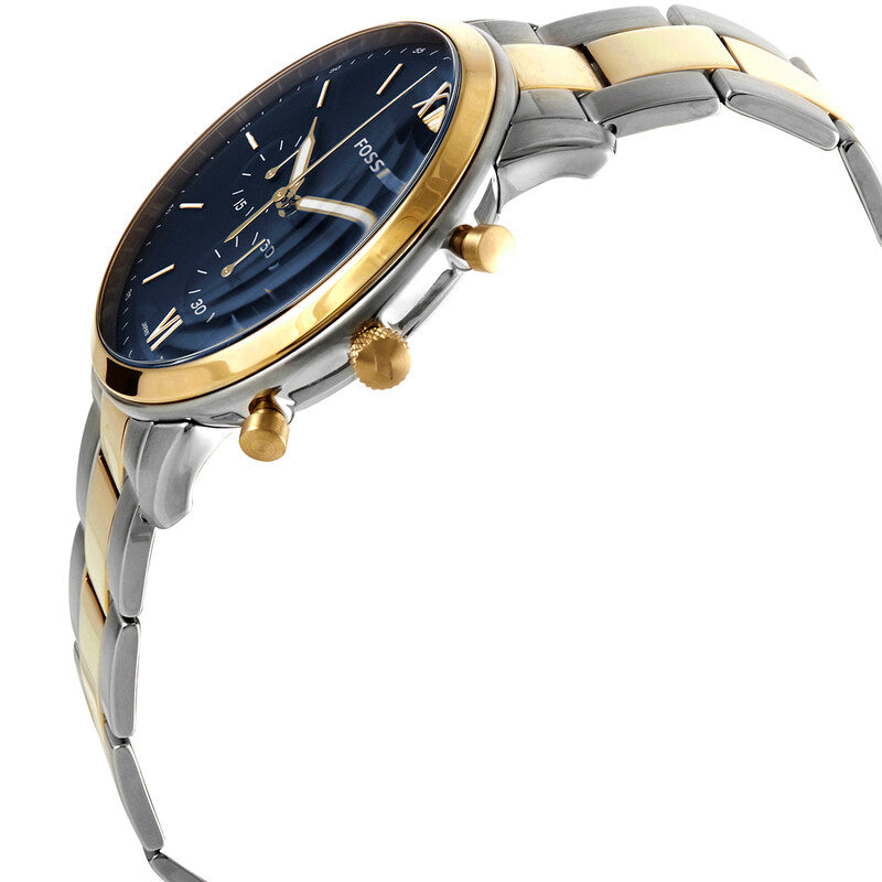 Fossil Neutra FS5706 angled view showing blue dial, two-tone case and bracelet with chronograph subdials