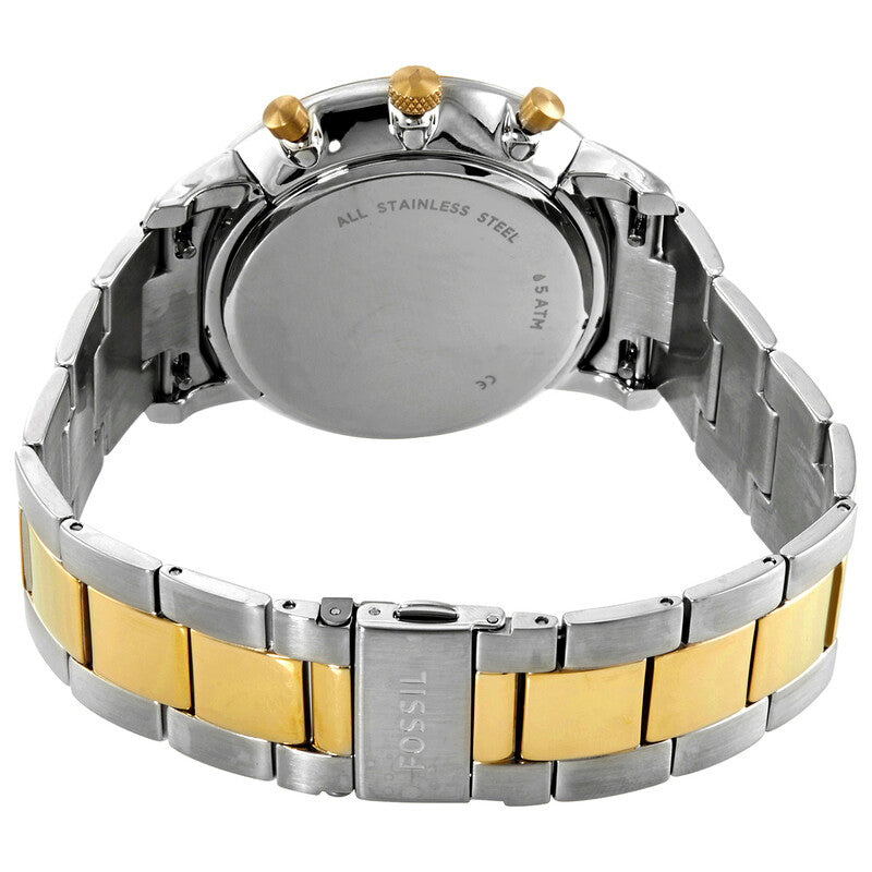 Fossil Neutra FS5706 caseback view showing stainless steel case back with two-tone bracelet
